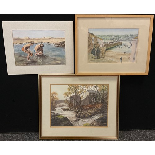 259 - W H Proctor, 20th century, Boys Fishing the Rockpool, signed, dated March 1991, watercolour, 26cm x ... 