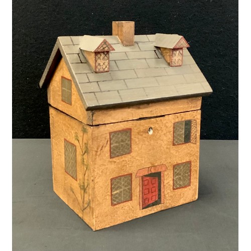 275 - A reproduction Novelty tea caddy as a wooden house, hinged lid and key, 24cm high