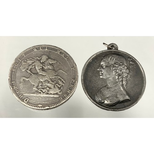 322 - George III silver crown, 1820, 27.5g;   Jacobite Rebellion lead or pewter coloured metal Bonnie Prin... 