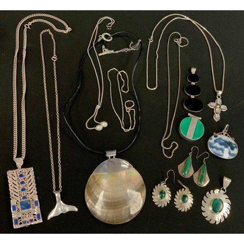 339 - Jewellery - a malachite silver mounted two panel pendant,  another sunburst pendant and pair of earr... 