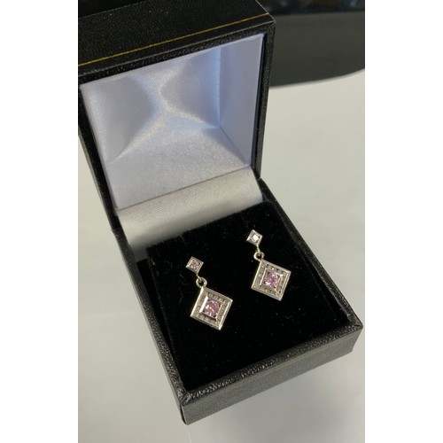 358 - A pair of pink sapphire and diamond square cluster drop earrings, each with two pink sapphires and s... 