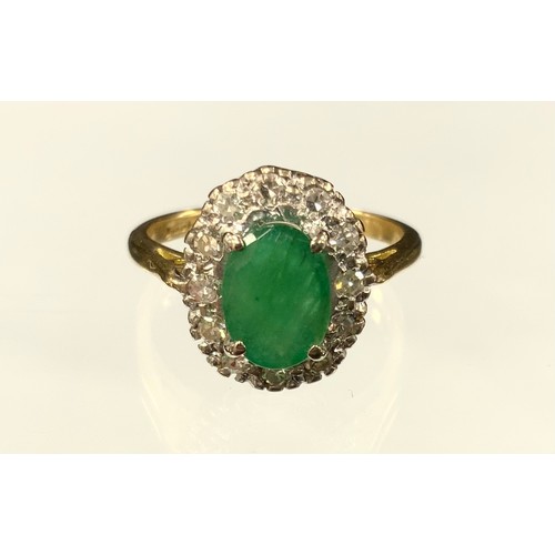 361 - An emerald and diamond cluster ring, central oval emerald approx 1.30ct, surrounded by twelve eight ... 