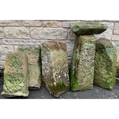 152A - Derbyshire gritstone - five large irregular sections, the largest 65cm high x 26cm x 21cm;  another ... 