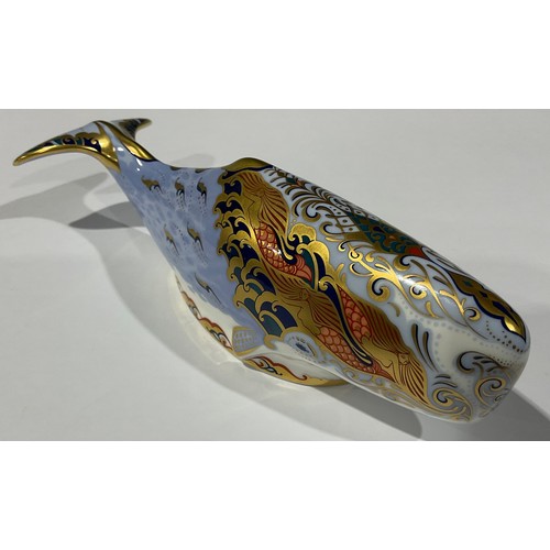 6 - A Royal Crown Derby paperweight, Oceanic Whale, Collectors Guild Exclusive, 22cm, gold stopper, 22cm... 