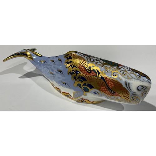6 - A Royal Crown Derby paperweight, Oceanic Whale, Collectors Guild Exclusive, 22cm, gold stopper, 22cm... 