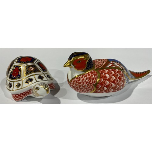 10 - A Royal Crown Derby paperweight, Pheasant, gold stopper; another, Tortoise, gold stopper (2)
