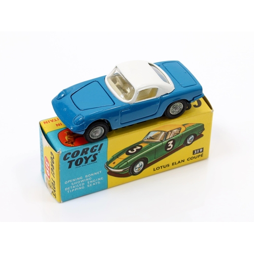 7232 - Corgi Toys 319 Lotus Elan coupé, blue and white body, cream interior, cast hubs, boxed