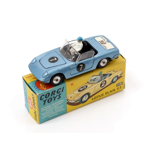 7233 - Corgi Toys 318 Lotus Elan S2., steel blue body with black interior, seated plastic driver figure, ra... 