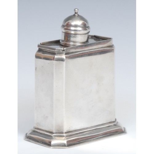 39 - A Queen Anne design silver coloured metal canted rectangular tea caddy, push-fitting cap and sliding... 