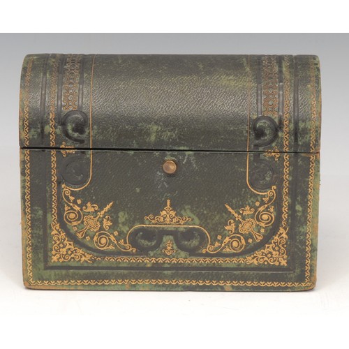 3138 - A late Victorian/Edwardian tooled and gilt morocco domed rectangular stationery box, hinged cover en... 