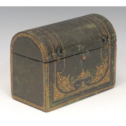 3138 - A late Victorian/Edwardian tooled and gilt morocco domed rectangular stationery box, hinged cover en... 