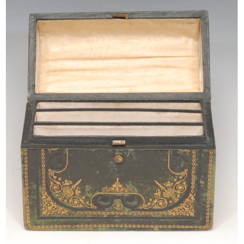 3138 - A late Victorian/Edwardian tooled and gilt morocco domed rectangular stationery box, hinged cover en... 