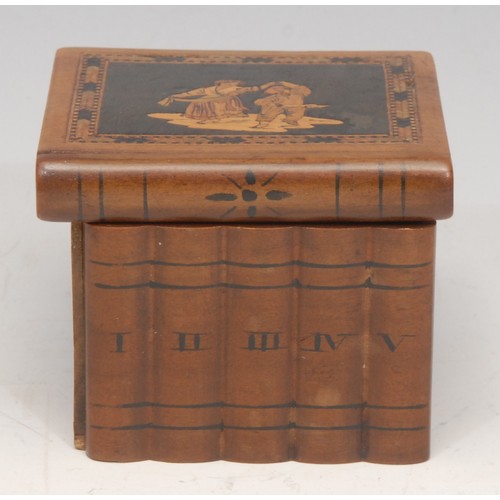 3232 - An Italian marquetry travelling inkwell, as a row of books, the hinged cover locking in place, 6cm w... 