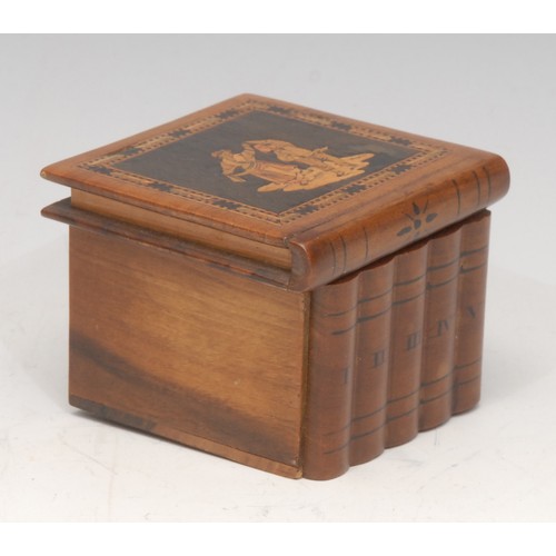 3232 - An Italian marquetry travelling inkwell, as a row of books, the hinged cover locking in place, 6cm w... 