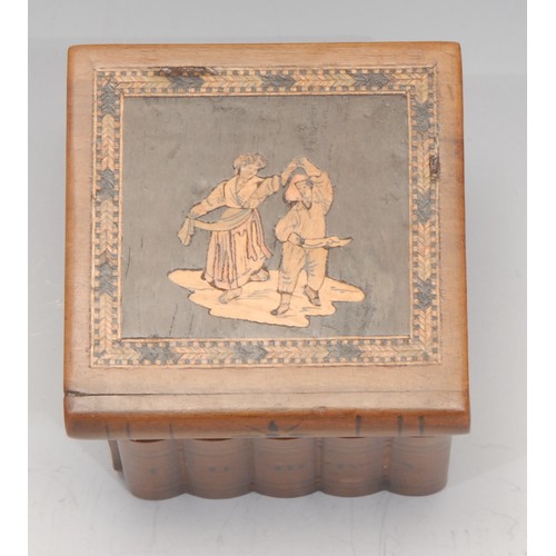 3232 - An Italian marquetry travelling inkwell, as a row of books, the hinged cover locking in place, 6cm w... 