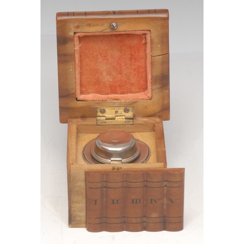 3232 - An Italian marquetry travelling inkwell, as a row of books, the hinged cover locking in place, 6cm w... 