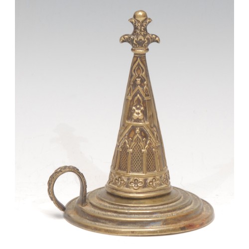 3221 - An early Victorian Gothic Revival brass candle snuffer and stand, embossed with tracery and architec... 