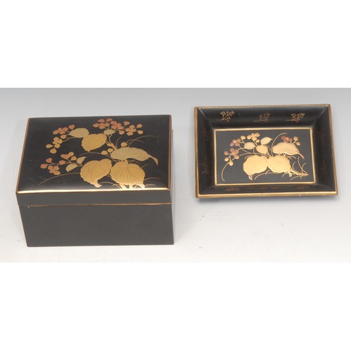 3119 - A Japanese lacquer box, cover and tray, decorated in gilt with flowers and leaves, 11cm wide, early ... 