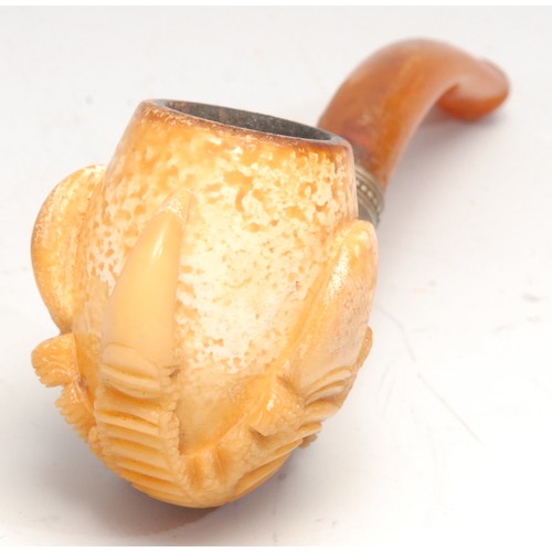 3108 - A German meerschaum pipe, carved as a dragon's claws, 12cm wide, early 20th century, cased