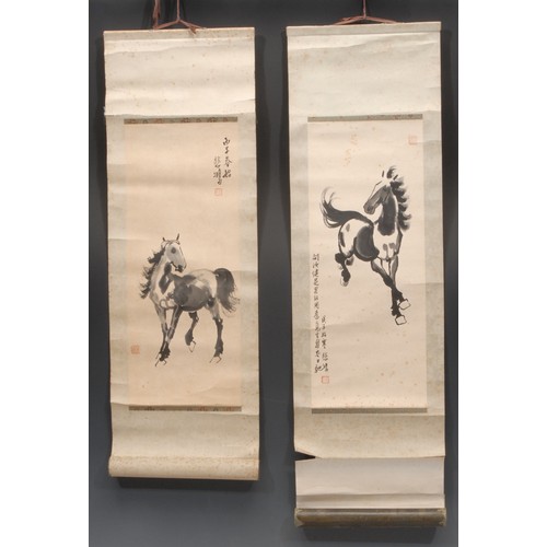 3075 - A Chinese scroll, woodblock printed after Xu Bei Hong with a horse, 20.5cm wide; another (2)