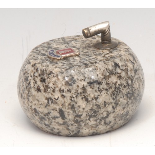 3215 - An early 20th century Scottish granite novelty desk weight, as a curling stone, applied with an enam... 