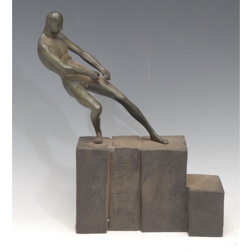 3362 - Brutalist School - a mid-20th century verdigris and dark patinated bronze, Figure Under Strain, 28cm... 