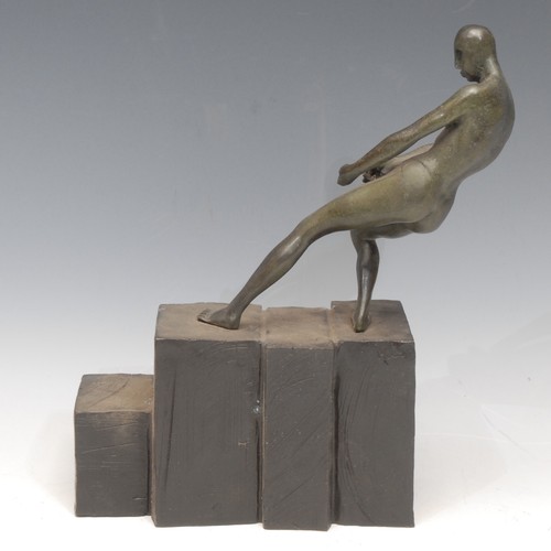 3362 - Brutalist School - a mid-20th century verdigris and dark patinated bronze, Figure Under Strain, 28cm... 