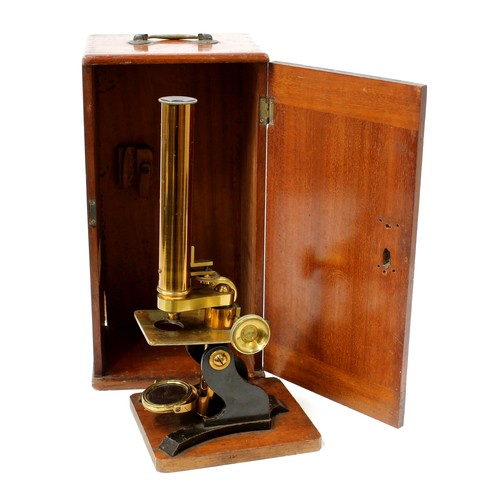 3381 - An early 20th century black-painted and lacquered brass monocular microscope, rack and pinion adjust... 