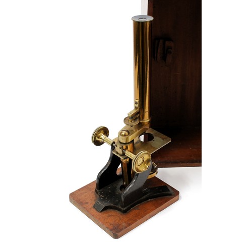 3381 - An early 20th century black-painted and lacquered brass monocular microscope, rack and pinion adjust... 