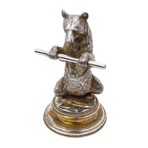 3216 - An early 20th century sculptural silver plated novelty inkwell, cast as a dancing bear, waisted circ... 