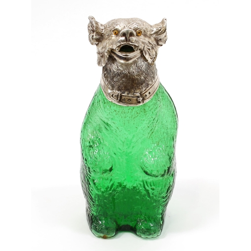 3170 - A silver plated and green glass novelty claret jug, as a dancing bear, glass eyes, hinged cover, 22.... 