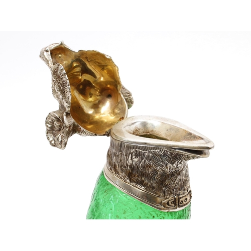 3170 - A silver plated and green glass novelty claret jug, as a dancing bear, glass eyes, hinged cover, 22.... 