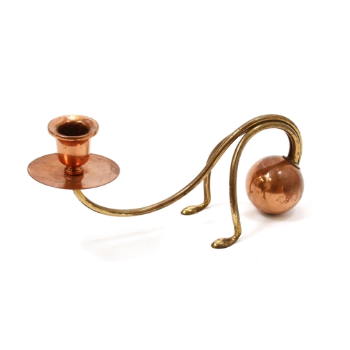 3191 - An Arts and Crafts brass and copper counter-balance candlestick, attributed to W A S Benson, campana... 