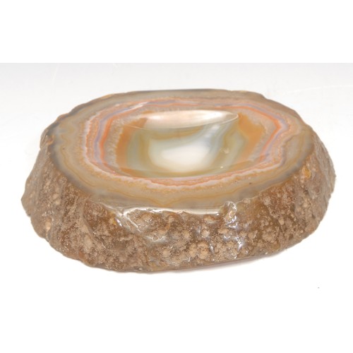 3281 - Geology and Lapidary - an agate section, polished and worked as a dish, 16.5cm wide; an obelisk, sim... 