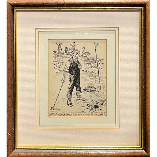 3284 - Golf - a pen and ink caricature cartoon, signed and inscribed, 15cm x 11.5cm