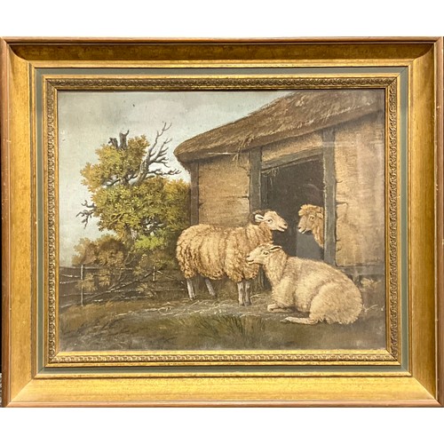 3291 - In the manner of Benjamin Zobel, a marmotinto sand picture, sheep beside a thatched barn, 30.5cm x 3... 