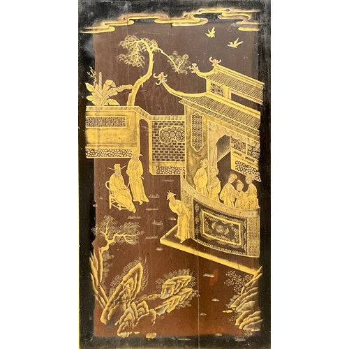 3073 - A Chinese lacquer panel, decorated in gilt with figures of the court amongst pagodas in a landscape,... 