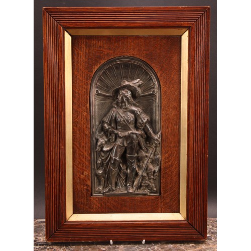 3164 - A Renaissance Revival electrotype panel, of a huntsman, 29.5cm x 14.5cm, oak frame, 48cm x 33.5cm ov... 