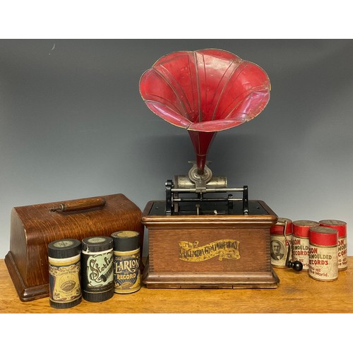 3371 - An early 20th century phonograph, The Columbia Gramophone, red painted tin horn, oak case, 31cm wide... 