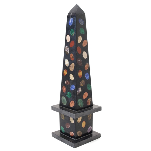 3110 - A Grand Tour style pietra dura library obelisk, inlaid with egg shaped reserves of lapis lazuli, mal... 