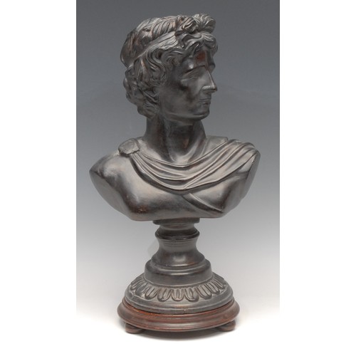 3111 - A Grand Tour style terracotta bust, Apollo Belvedere, after the Antique, mahogany base, 45cm high