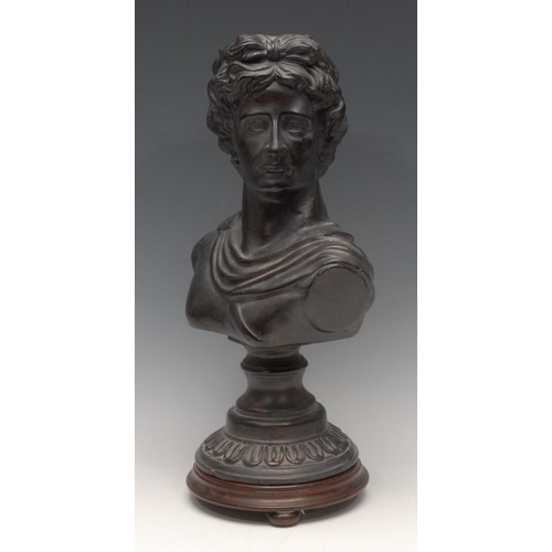 3111 - A Grand Tour style terracotta bust, Apollo Belvedere, after the Antique, mahogany base, 45cm high