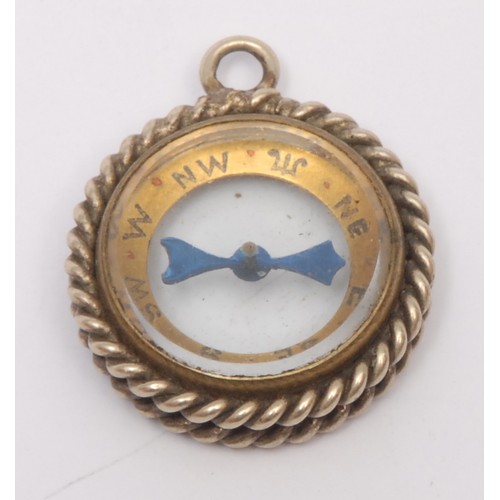 3247 - A Victorian silver compass watch fob, rope-twist border, 3cm diam, Birmingham 1899; another (2)