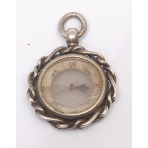 3247 - A Victorian silver compass watch fob, rope-twist border, 3cm diam, Birmingham 1899; another (2)