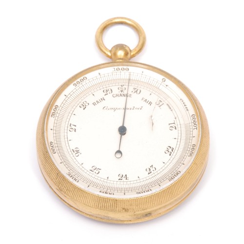 3129 - A late 19th century gilt brass pocket aneroid barometer, 4.5cm silvered register, 7cm over loop, c.1... 