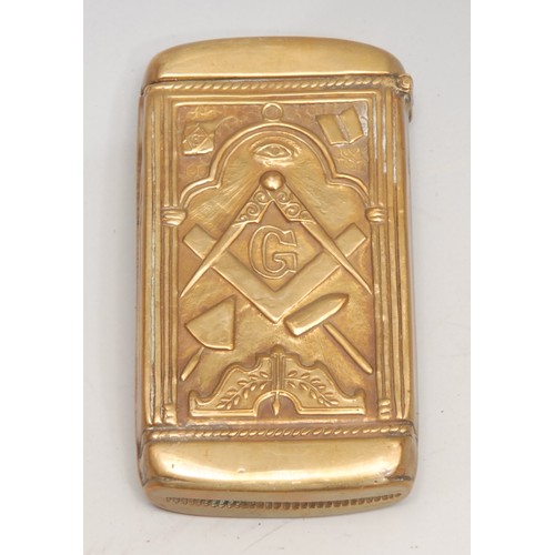 3310 - Masonic and Friendly Society Interest - an early 20th century brass novelty vesta case, embossed wit... 