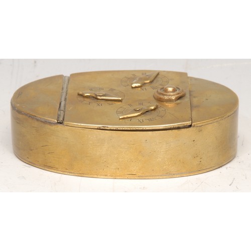 3098 - A George III brass combination snuff box, the hinged cover with three dials, 9cm wide, c.1800