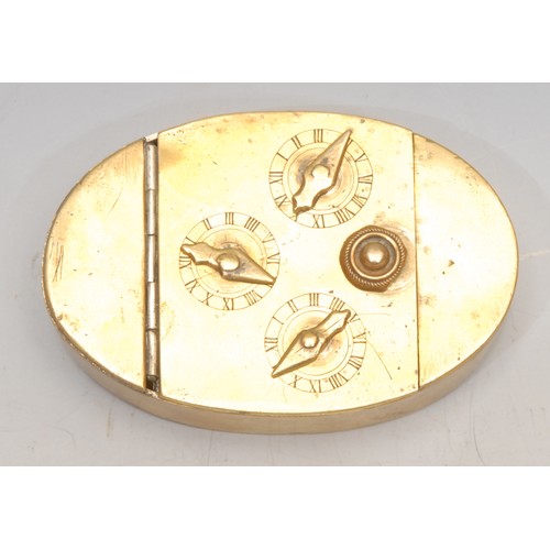 3098 - A George III brass combination snuff box, the hinged cover with three dials, 9cm wide, c.1800