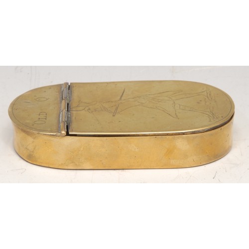 3099 - A George III brass oval snuff box, hinged cover engraved with a caricature of William Douglas, 4th D... 