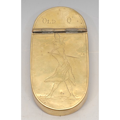 3099 - A George III brass oval snuff box, hinged cover engraved with a caricature of William Douglas, 4th D... 